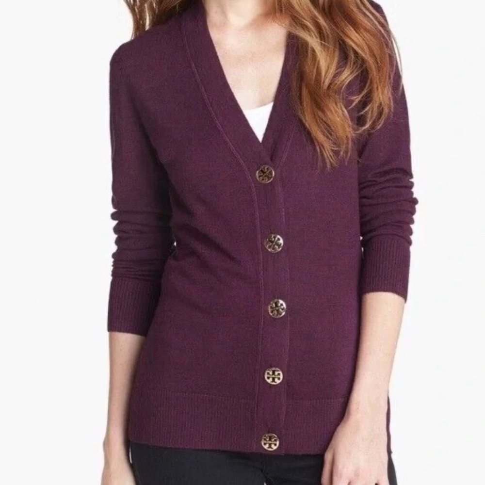 Tory Burch Merino Wool V-neck Knit Cardigan Sweater in Burgundy